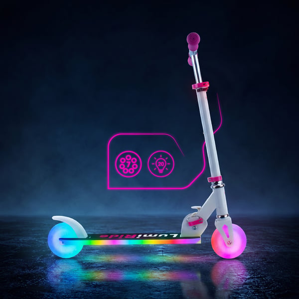 Sammenklappelig tohjulet løbehjul til børn, justerbar, Lumiride LED 7 farver, 20 programmer, hvid, Sun Baby