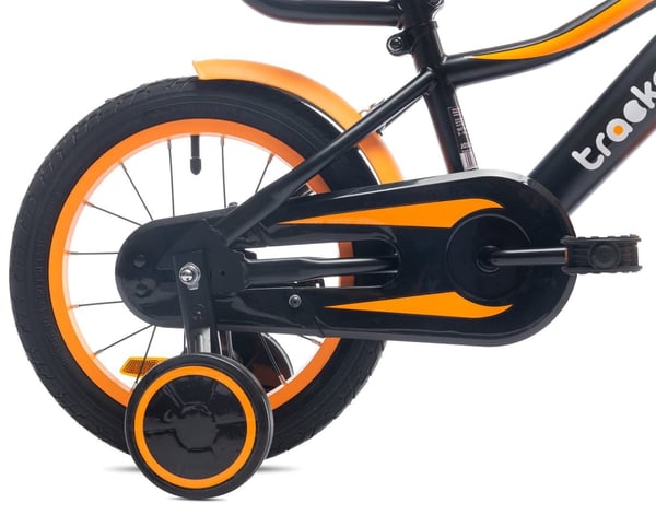 sun baby TRACKER BIKE Barncykel 14 tum - Justerbar sadel och styre, Klocka, Stödhjul - Orange Neon