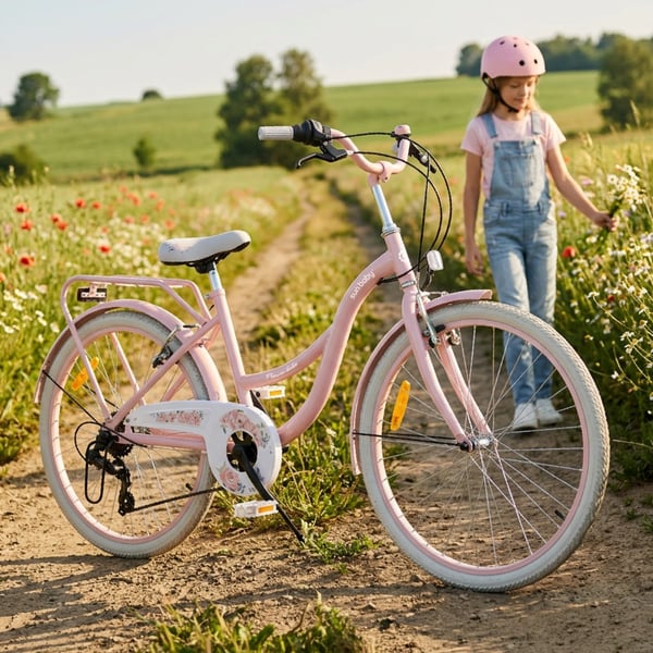 24 tuumanen tyttöjen kaupunkipyörä, Shimano 7 vaihdetta, Flower Bike, vaaleanpunainen, Sun Baby