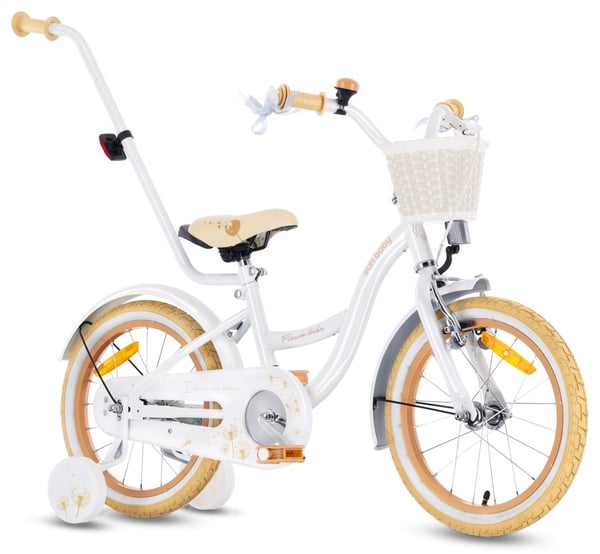 Tytön polkupyörä 16 tuuman Työnnä pyörä sivupyörät Kukka pyörä Puhallin valkoinen beige Sun Baby