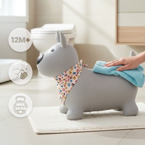 Sun Baby PIESIO hoppdjur uppblåsbar hund 12m+, grå med bandana, pump ingår, maxvikt 45 kg