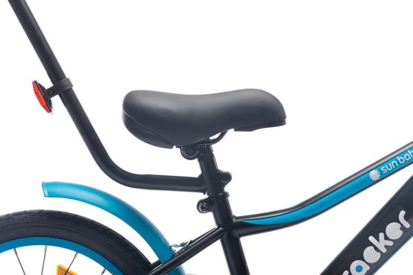 sun baby TRACKER BIKE Barncykel 14 tum - Justerbar sadel och styre, Klocka, Stödhjul - Blå Neon