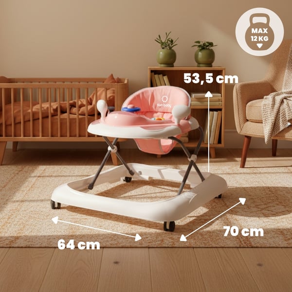 Sun Baby gåstol interaktiv 6-12 mån, 3-stegs höjdjustering, 360° hjul med gummi, stopp, enkel montering, EN 1273:2020, rosa-grå