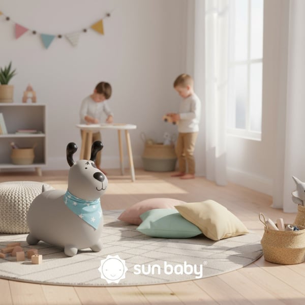 Sun Baby hoppdjur Reksio, grå med bandana + pump, 12m+, max belastning 45 kg