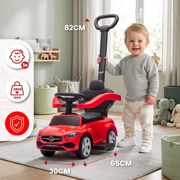 SUN BABY Gåbil til børn Mercedes C-Class fra 1 år med skubbestang, fodstøtte, lydfunktion, op til 23 kg rød