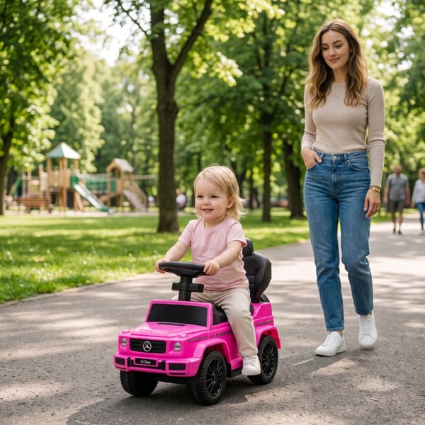 SUN BABY Gåbil til børn Mercedes-Benz G-Klasse fra 1 år med skubbestang lydfunktion op til 25 kg fuksja
