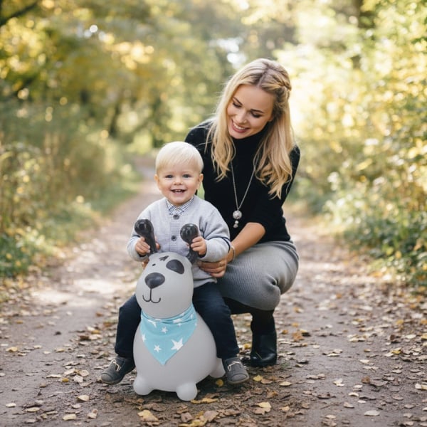 Sun Baby hoppdjur Reksio, grå med bandana + pump, 12m+, max belastning 45 kg
