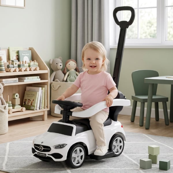 SUN BABY Gåbil til børn Mercedes C-Class fra 1 år med skubbestang, fodstøtte, lydfunktion, op til 23 kg hvid