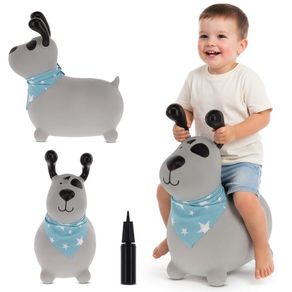 Sun Baby hoppdjur Reksio, grå med bandana + pump, 12m+, max belastning 45 kg