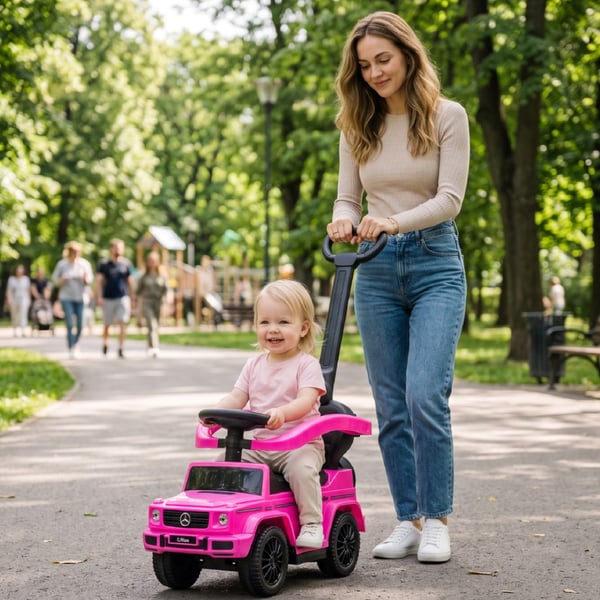 SUN BABY Gåbil til børn Mercedes-Benz G-Klasse fra 1 år med skubbestang lydfunktion op til 25 kg fuksja