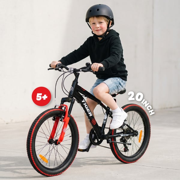 sun baby TIGER BIKE Børnecykel 20 tommer - 6 gear Shimano - Justerbar sadel og styr, V-bremse, Kædeskærm - Rød Sort