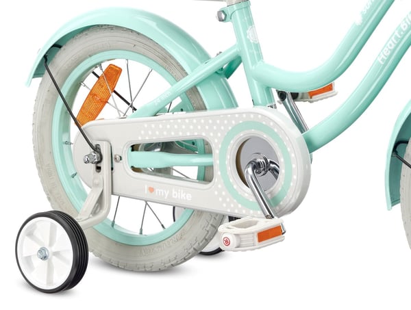 Heart Bike Flickcykel för en flicka 12 14 16 tum, Barncykel 2-6 år, Barncykel med stödhjul, pushbar, justerbar sadel och styre (Silver Moon Mint, 14 t