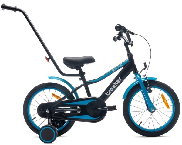 sun baby TRACKER BIKE Barncykel 16 tum - Justerbar sadel och styre, Klocka, Stödhjul - Blå Neon