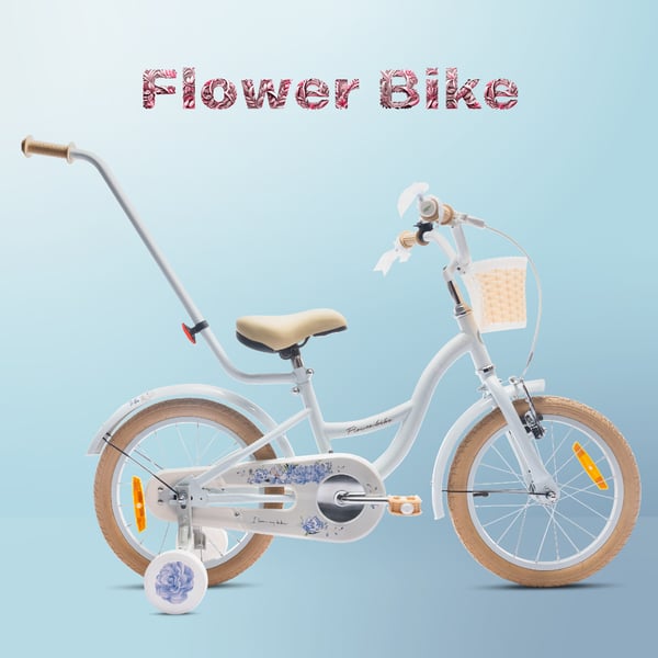 FLOWER BIKE Polkupyörä tytölle 16 tuumaa, työntötanko, sivupyörät, kori, baby blue
