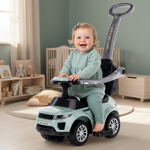 Sun Baby työntöistuin kädensijalla ja tukikaarella Sport Car, salvia, 24 kk+, kantavuus 27 kg