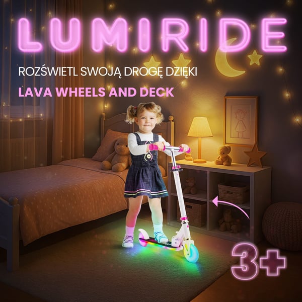 sun baby LUMI RIDE Sparkcykel Barn 2 hjul, trehjuling skoter från 3 år, LED - 7 färger, 20 program - 3 nivåer av styrhöjdsjustering, fotbroms, avtagba