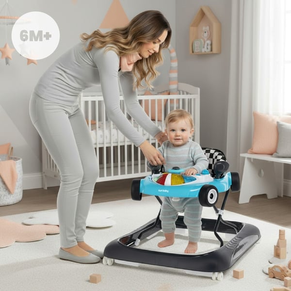 SUN BABY Babygåstol fra 6 måneder med bløde 360°-drejelige hjul og sikkerhedsstoppere, op til 12 kg blå