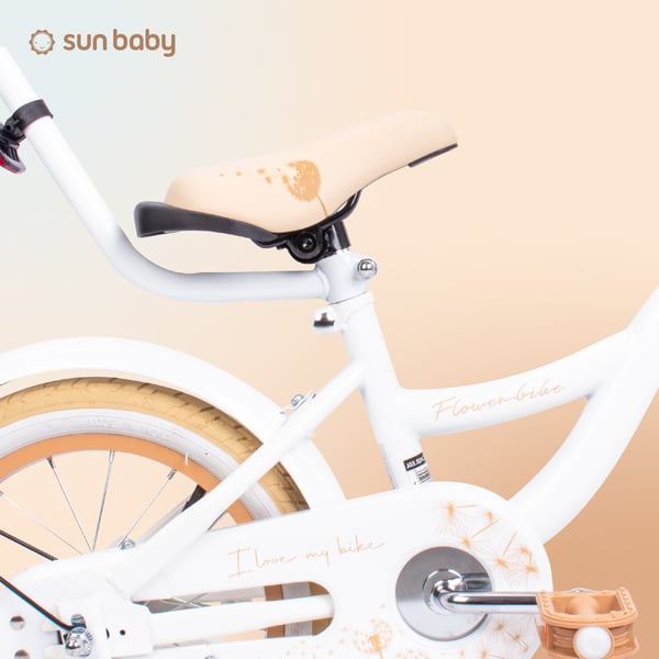 FLOWER BIKE Polkupyörä tytölle 14 tuumaa, työntötanko, sivupyörät, kori, beige