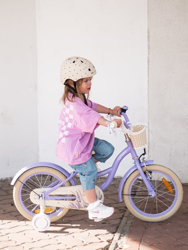 FLOWER BIKE Polkupyörä tytölle 16 tuumaa, työntötanko, sivupyörät, kori, violetti