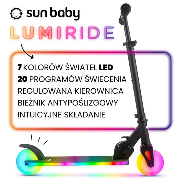 Sun Baby Lumiride kaksipyöräinen lasten potkulauta LED 7 väriä/20 tilaa, taitettava, säädettävä 73-85 cm, musta
