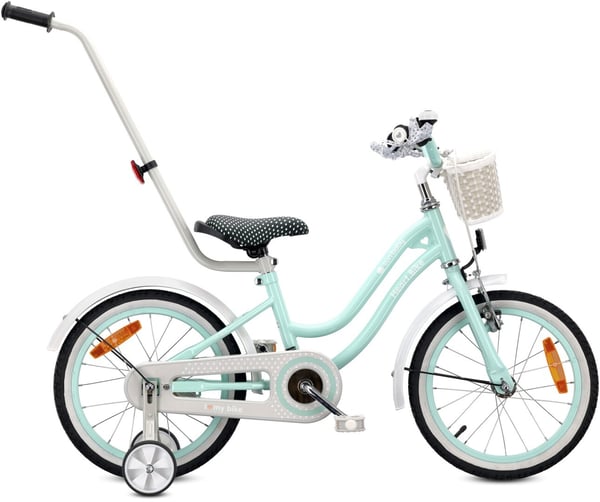 Heart Bike Pigecykel til en pige 12 14 16 tommer, Børnecykel 2-6 år, Børnecykel med støttehjul, skubbestang, justerbar sadel og styr (Mint, 16 tommer)