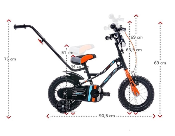 Børnecykel Tiger Bike 12" med skyvestang og støttehjul, V-bremse og fodbremse, sort-orange-turkis