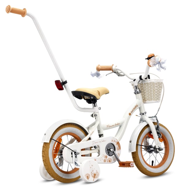 Flower Bike Flickcykel för en flicka 12 14 16 tum, Barncykel 2-6 år, Barncykel med stödhjul, pushbar, justerbar sadel och styre (Vit Beige, 12 Tum)