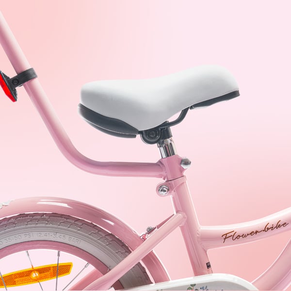 FLOWER BIKE Polkupyörä tytölle 14 tuumaa, työntötanko, sivupyörät, kori, vaaleanpunainen