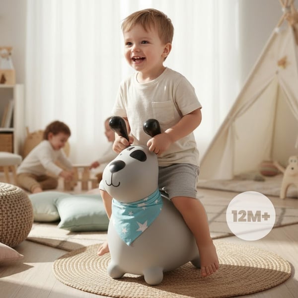 Sun Baby hoppdjur Reksio, grå med bandana + pump, 12m+, max belastning 45 kg