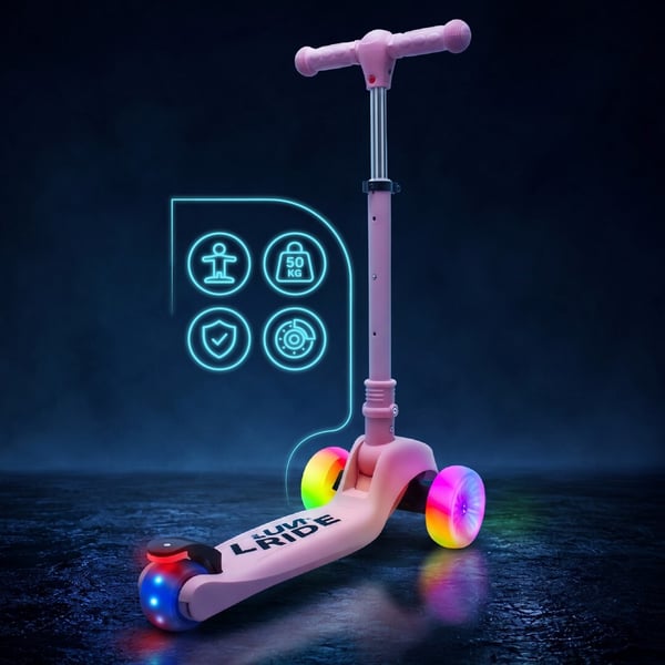 LUMI RIDE Trehjulet Balance Scooter, Sammenklappelig, Justerbar, LED Regnbuehjul med 7 Farver og 20 Programmer, Pink - Sun Baby