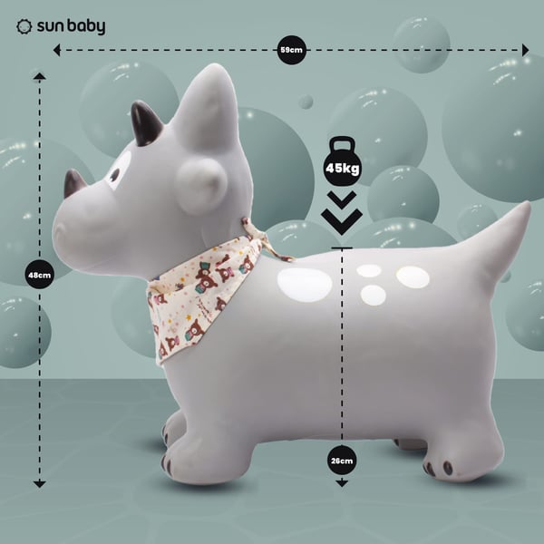 Sun Baby hoppdjur Dino för hoppning, grå + pump + bandana, 12m+, maxvikt 45 kg