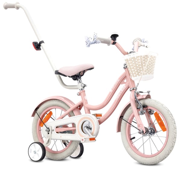 Heart Bike Flickcykel för en flicka 12 14 16 tum, Barncykel 2-6 år, Barncykel med stödhjul, pushbar, justerbar sadel och styre (Silver Moon Rosa, 14 t