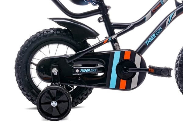 Børnecykel Tiger Bike 12" med skyvestang og støttehjul, V-bremse og fodbremse, sort-orange-turkis