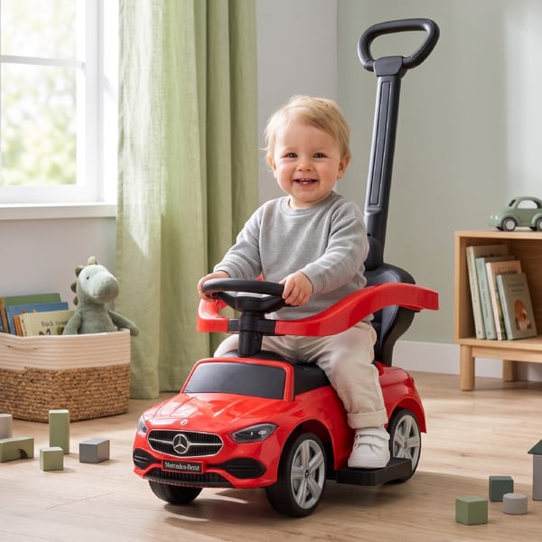 Sun Baby potkuauto Mercedes-Benz C-Class - puskija, kaari ja jalkatuet, punainen