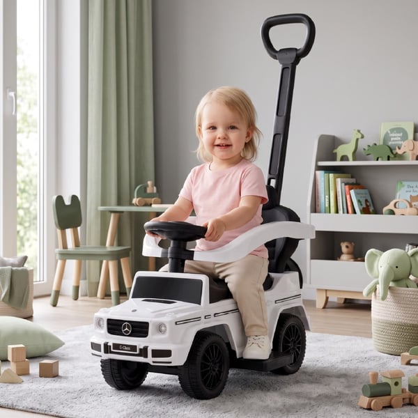 SUN BABY Gåbil til børn Mercedes-Benz Klasa G fra 1 år med skubbestang, opbevaring under sædet, lydfunktion, op til 25 kg hvid