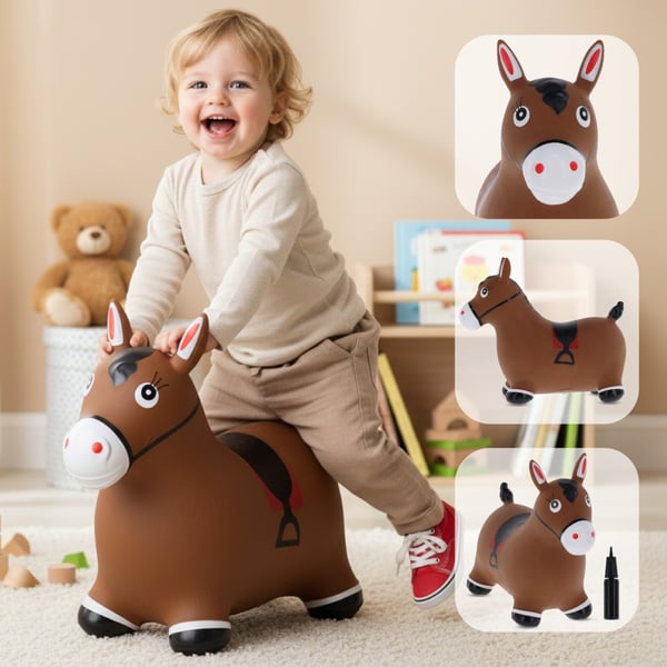 Sun Baby hoppdjur Häst för barn, brun, med pump och bandana, 12m+, max 45 kg