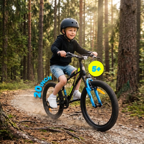 sun baby TIGER BIKE Barncykel 20 tum - 6 växlar Shimano - Justerbar sadel och styre, V-broms, Kedjeskydd - Svart Grön Blå