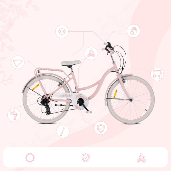 24 tuumanen tyttöjen kaupunkipyörä, Shimano 7 vaihdetta, Flower Bike, vaaleanpunainen, Sun Baby