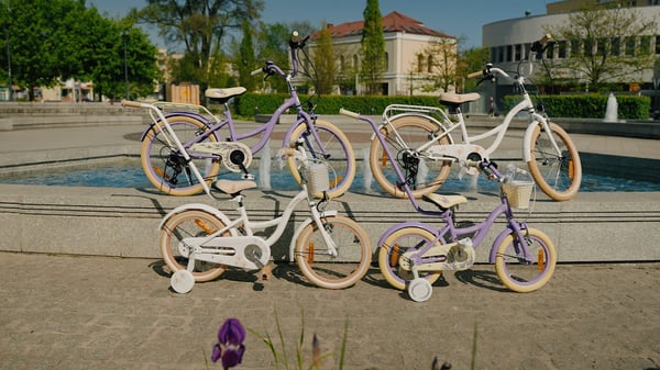 FLOWER BIKE Polkupyörä tytölle 16 tuumaa, työntötanko, sivupyörät, kori, violetti