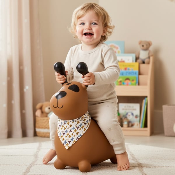 Sun Baby hoppdjur Reksio, brun med bandana + pump, 12m+, max belastning 45 kg