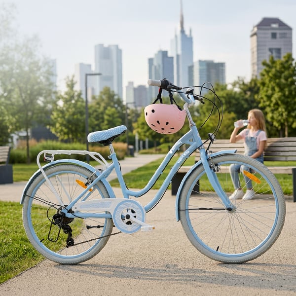 sun baby HEART BIKE Børnecykel 24 tommer - 7 gear Shimano -bagagebærer, metalskærme, V-bremse, kædeskærm - Lyseblå