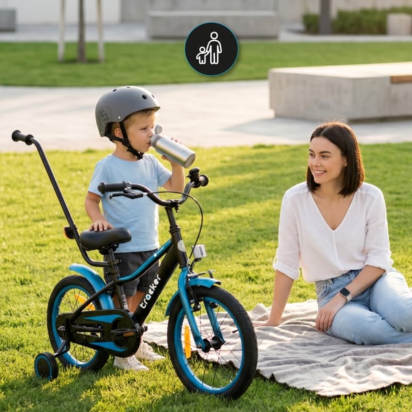 sun baby TRACKER BIKE Børnecykel 16 tommer - Justerbar sadel og styr, Klokke, Støttehjul - Blå Neon