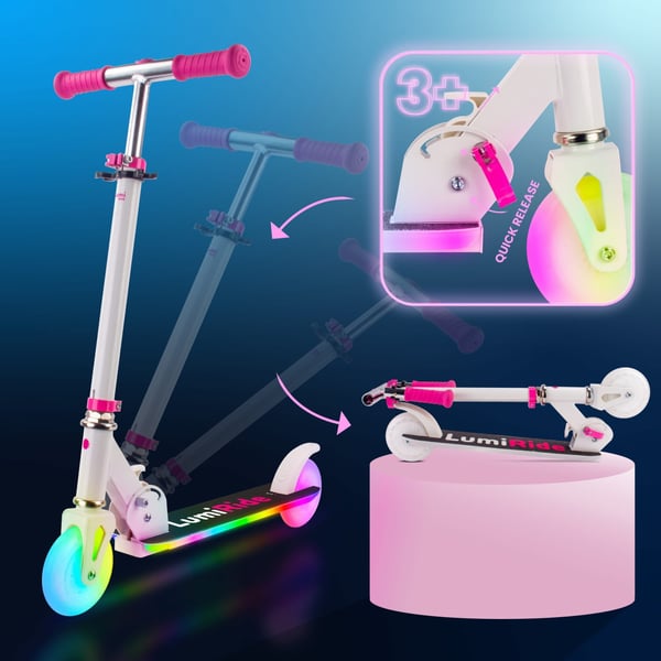 LUMI RIDE Scooter Kids 2 wheels Fuchsia, kolmipyöräinen skootteri 3-vuotiaille, LED, 3 tasoa ohjaustangon korkeuden säätöä, jalkajarru
