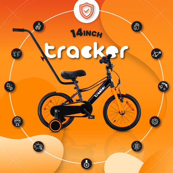 sun baby TRACKER BIKE Børnecykel 14 tommer - Justerbar sadel og styr, Klokke, Støttehjul - Orange Neon