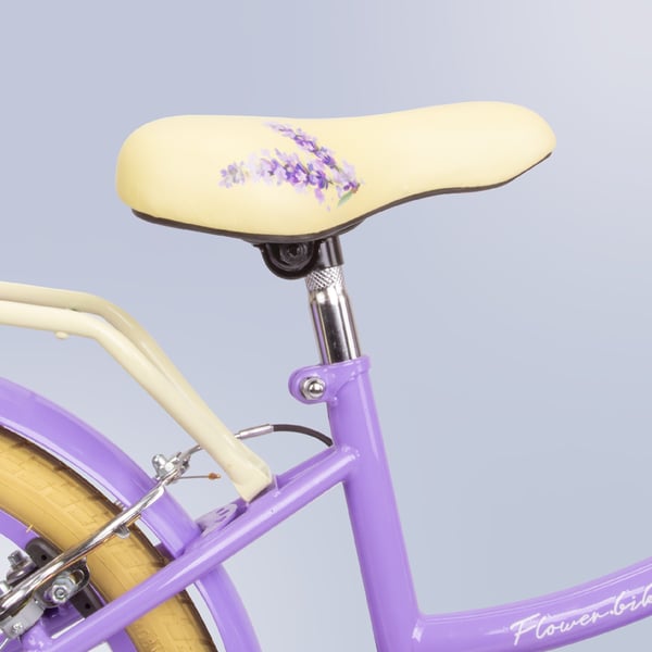 sun baby FLOWER BIKE Barncykel 20 tum - 6 växlar, V-bromsar, pakethållare, stänkskärmar, justerbar styre och sadel - Lavendel