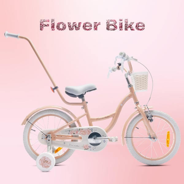 FLOWER BIKE Polkupyörä tytölle 16 tuumaa, työntötanko, sivupyörät, kori, aprikoosi