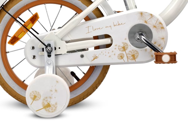 Flower Bike Flickcykel för en flicka 12 14 16 tum, Barncykel 2-6 år, Barncykel med stödhjul, pushbar, justerbar sadel och styre (Vit Beige, 14 Tum)