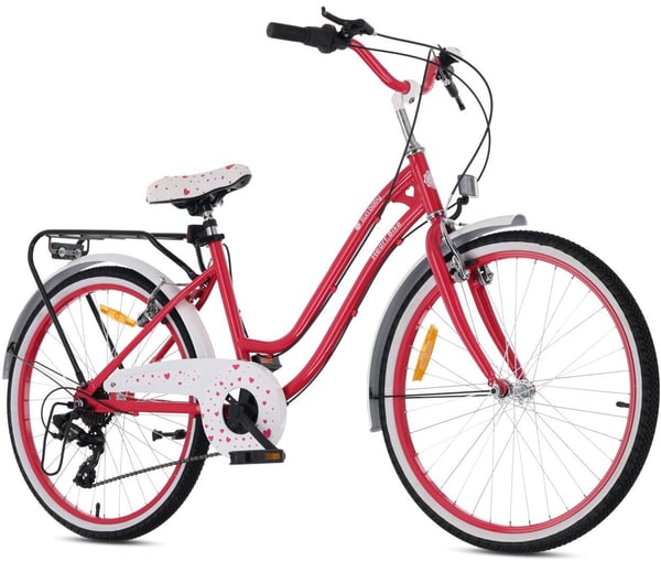 Heart Bike Tyttöjen polkupyörä 24 tuumaa, 8–12-vuotiaille, vadelma, lastenpolkupyörä 7 vaihteella, tavarateline, metalliset lokasuojat, V-jarru