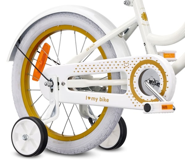 Heart Bike Pigecykel til en pige 12 14 16 tommer, Børnecykel 2-6 år, Børnecykel med støttehjul, skubbestang, justerbar sadel og styr (Hvid Guld, 16 tommer)