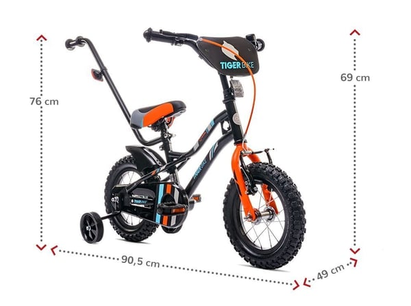 Børnecykel Tiger Bike 12" med skyvestang og støttehjul, V-bremse og fodbremse, sort-orange-turkis